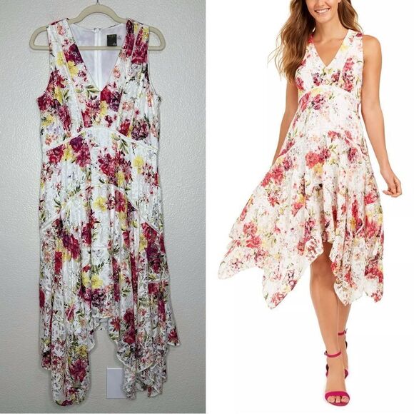Taylor Floral-Print Lace Handkerchief-Hem Dress, Size 14 - Picture 1 of 13